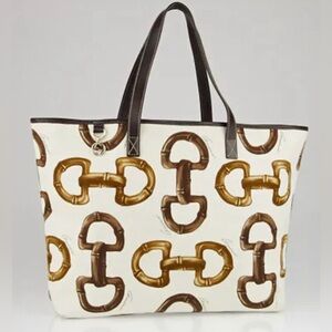 SS2006 Gucci Bamboo Horsebit Large Canvas Tote Bag w Leather trim & GG logo